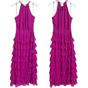 MSK Pink High Neckline Ruffle Tiered Maxi Dress Size 14 Smocked Waist Gold Chain